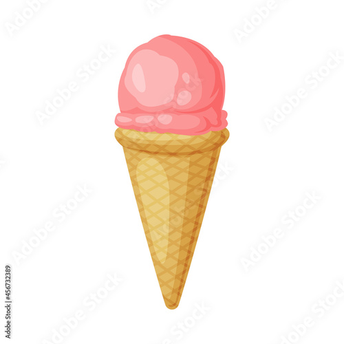 Pink Ice Cream in Waffle Cone as Frozen Dessert and Sweet Snack Vector Illustration