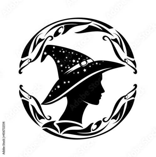 beautiful fortune teller wearing witch hat with stars - profile sorceress head black and white vector silhouette portrait in round frame