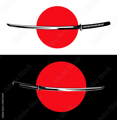 japanese katana sword blade against  sun circle - traditional samurai warrior weapon red, black and white vector design set