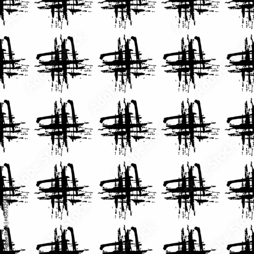 Vector Cross Brush Seamless Pattern Grange Minimalist Plus Geometric Design in Black Color. Modern Grung Collage Background for kids fabric and textile