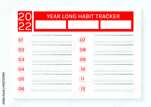 Habit tracker, vector habit planner template, minimal red design card, 2022 yearly habit planner