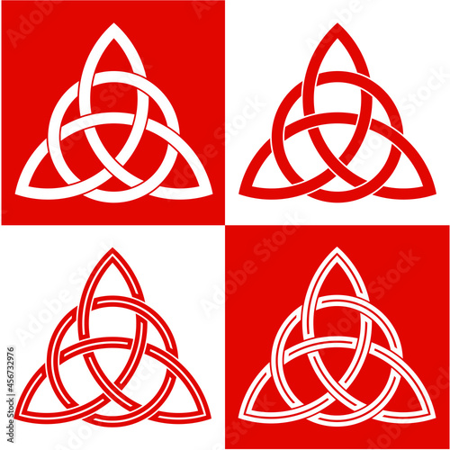 Triquetra symbol set, celtic knot logo. Scandinavian protective amulet. Pagan vector. Celtic symbol of triangle. Nordic tattoos. Line art. Isolated illustration on white background in red color
