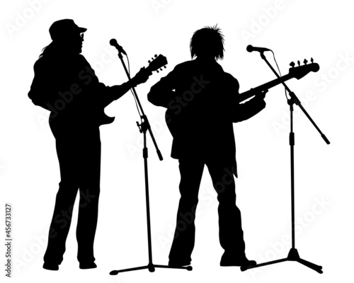 Rock band musicians on stage. Isolated silhouettes on a white background