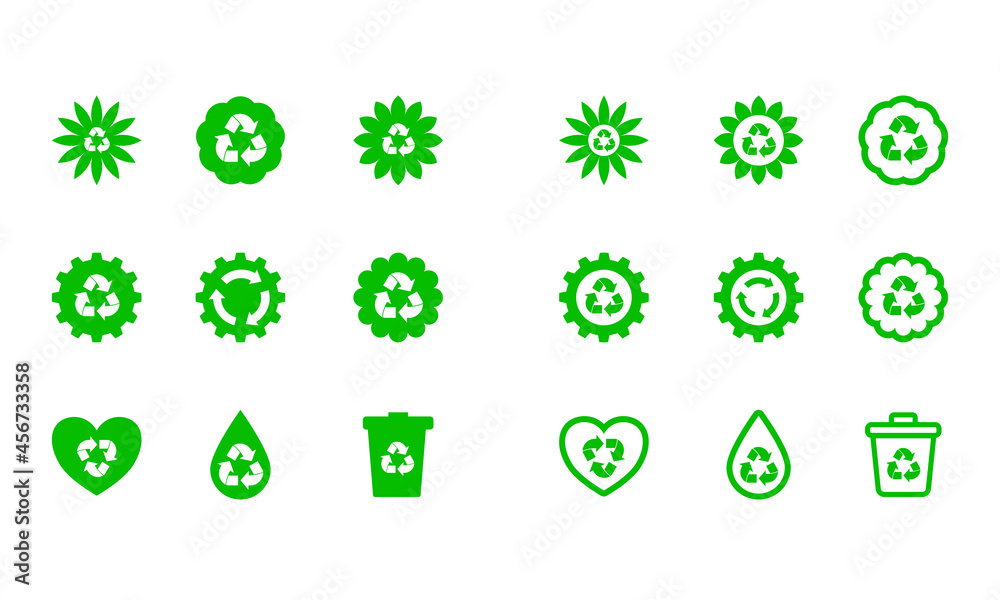 Green recycle icon set. Solid and outlined web icons. Green recycle icon set. Solid and outlined web icons.