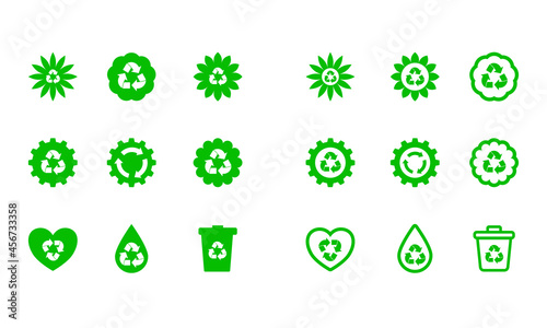 Green recycle icon set. Solid and outlined web icons.