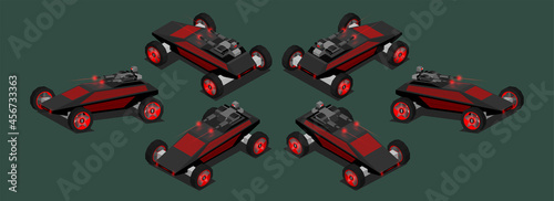 3D set of futuristic black and red military vehicles-buggies with a combat shooting laser turret on the roof