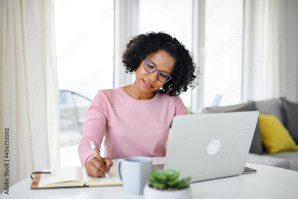 Portrait of happy mature woman working on laptop indoors, home office concept.