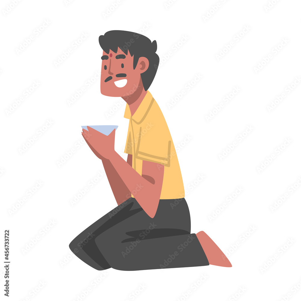 Indian Man Character Sitting on the Floor with Bowl Having Meal Vector Illustration