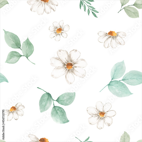 Watercolor seamless pattern flower and leaves on a white background