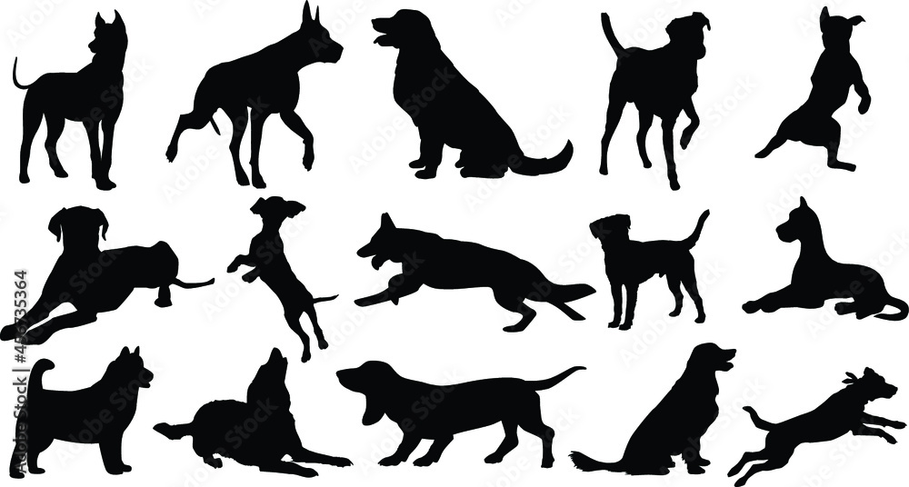 Dog silhouette Set 02 walking and standing . Shepherd, beagle, great dane, dachshund, poodle, pit bull. . Vector black flat icon isolated on white background.