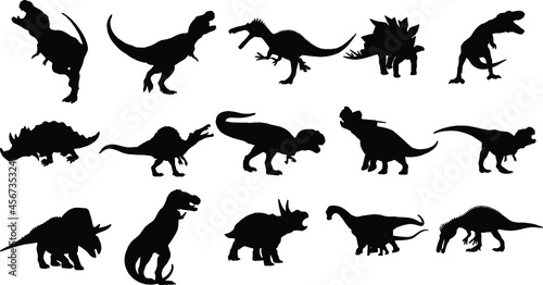 Dinosaurs and Jurassic Dino monsters Vector silhouette of triceratops or T-rex  brontosaurus or pterodactyl and stegosaurus  pteranodon or ceratosaurus and parasaurolophus reptile Set 04