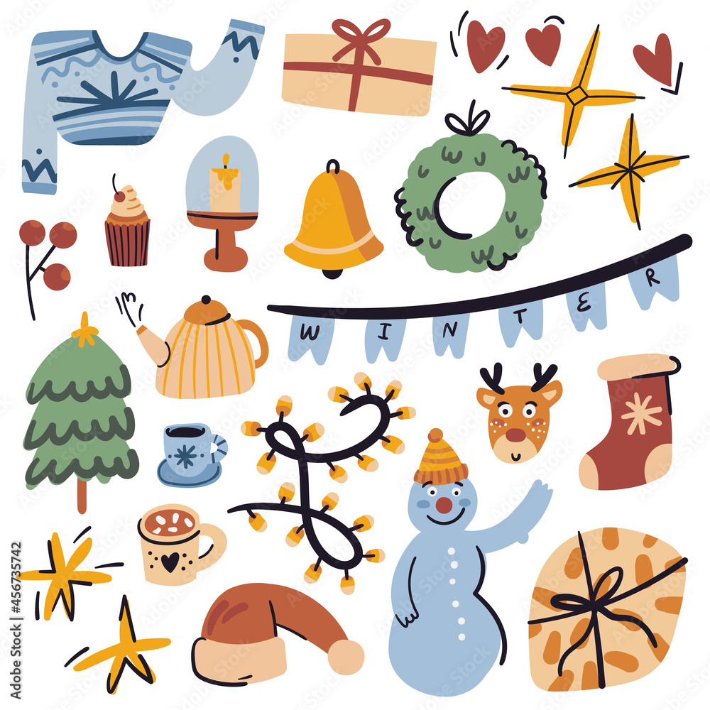 Fototapeta premium Winter season flat illustrations set. Isolated on white. Merry, joy, Christmas tree, xmas, bell, socks, rabbit, deer, santa, gifts, scarf. Winter cute doodle collection.