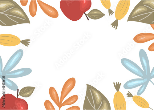 Autumn frame from fruit leaves. Vector background with bright leaves on a white background