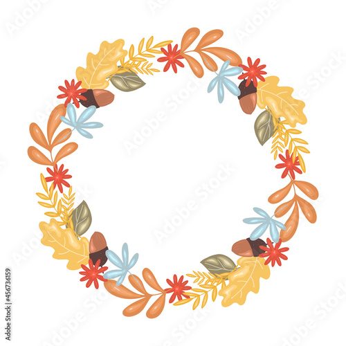 Round frame with autumn leaves, Thanksgiving day wreath isolated on white background. Vector illustration