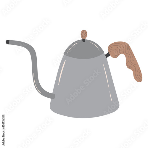 Stainless steel teapot for tea or coffee with long spout. Vintage metal kettle with decorative wooden elements. Hand drawn vector illustration.