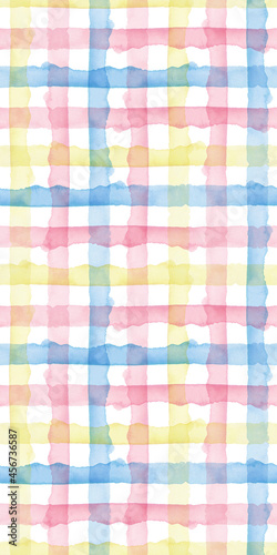 Plaid Watercolor Abstract Yellow Pink Blue Stripes Background. Cool Seamless Check Pattern for Fabric Textile and Paper. Simple Hand Painted Stripe