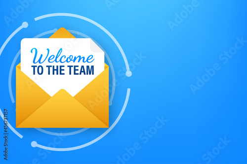 Icon with welcome team for banner design. Business communication vector banner. Cartoon font.