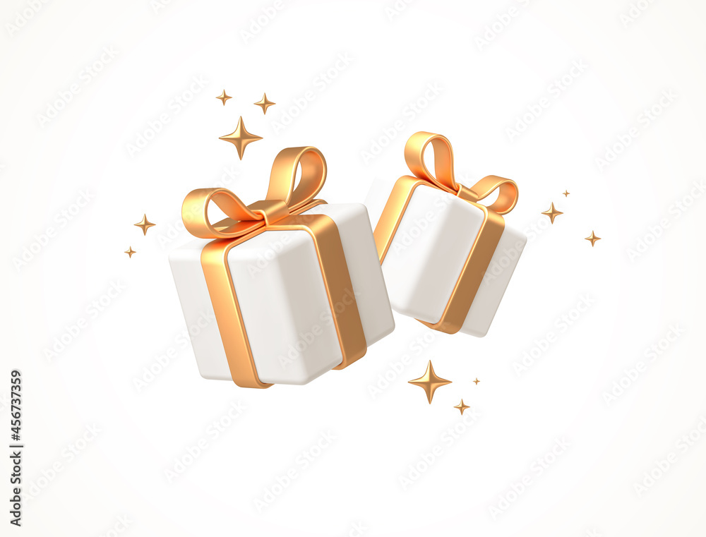 Gift boxes isolated on white. 3d white gift boxes with golden ribbon and bow. Birthday celebration concept. Vector illustration. - obrazy, fototapety, plakaty 
