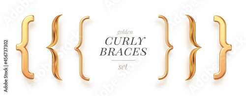 Set of different style golden curly braces. Vector illustration.