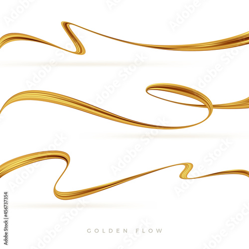 Set of golden flow wave. Golden paint brush stroke. Luxury flow design element. Abstract gold ribbon. Vector illustration.