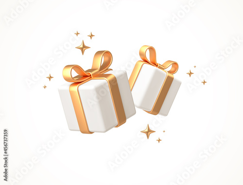 Gift boxes isolated on white. 3d white gift boxes with golden ribbon and bow. Birthday celebration concept. Vector illustration.