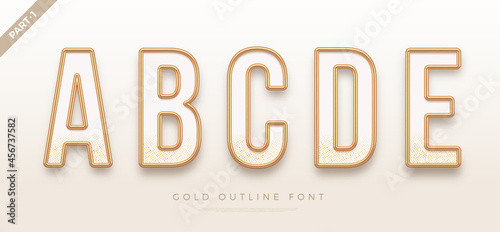 Realistic gold metal font. Golden ouline font. Metallic 3d typeface. English alphabet. Vector illustration.