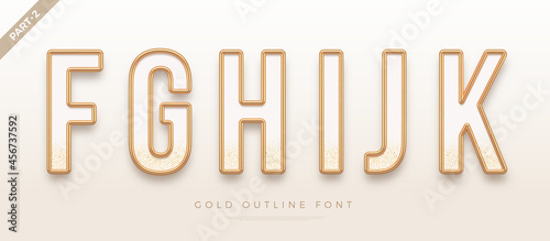 Realistic gold metal font. Golden ouline font. Metallic 3d typeface. English alphabet. Vector illustration.