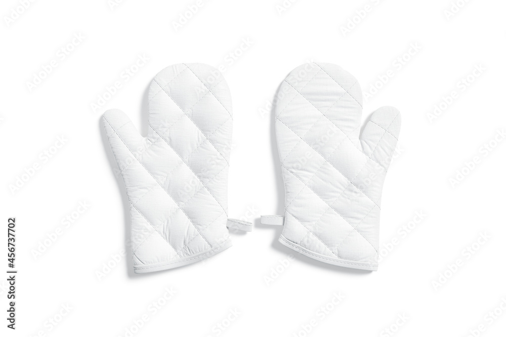Blank white oven mitt mockup pair front, top view Blank white oven mitt mockup pair front, top view