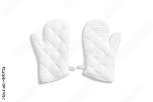 Blank white oven mitt mockup pair front, top view photo