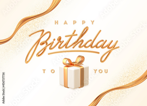 Birthday greeting card. 3d greeting calligraphy and gift box with golden bow. Vector illustration.
