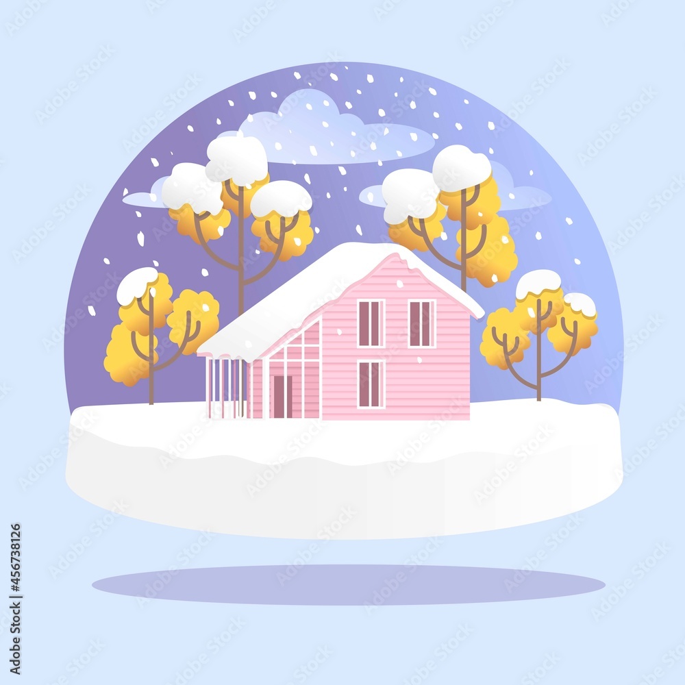 Fototapeta premium Snowball with house, trees and snow. Vector illustration.