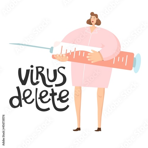 Doctor woman make vaccine by syringe. Fight with virus. Vaccination. Vector  illustration.