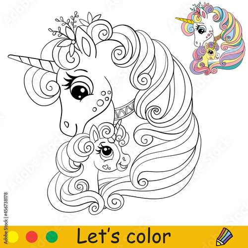 Cute mom and baby unicorns coloring book page