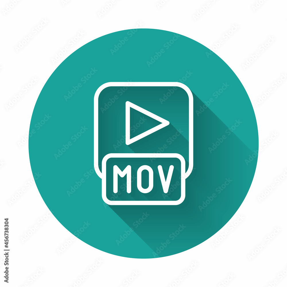White line MOV file document. Download mov button icon isolated with long shadow background. MOV file symbol. Audio and video collection. Green circle button. Vector White line MOV file document. Download mov button icon isolated with long shadow background. MOV file symbol. Audio and video collection. Green circle button. Vector