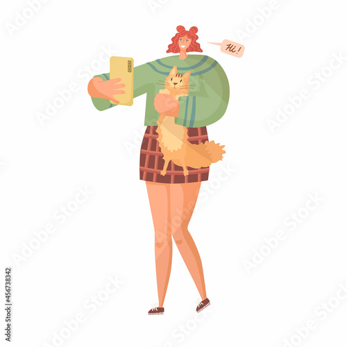 Girl makes selfy with her cat. Vector illustration. Video conference with friends.