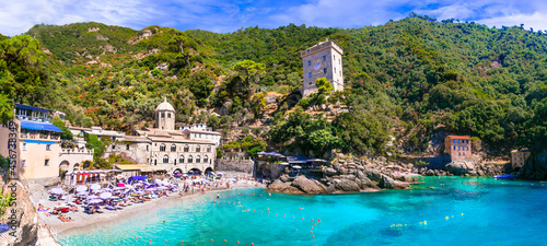 Fototapeta Naklejka Na Ścianę i Meble -  Best beaches of Italy - scenic small beach and  San Fruttoso monastery (abbey), popular tourist destination in Liguria