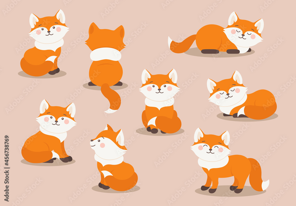Cartoon Foxes set in different poses. Vector Forest fox animal sits, lies, turned back and smiles. Orange fox collection for baby or child clothes, fabric, textile and more. Autumn fox clipart design
