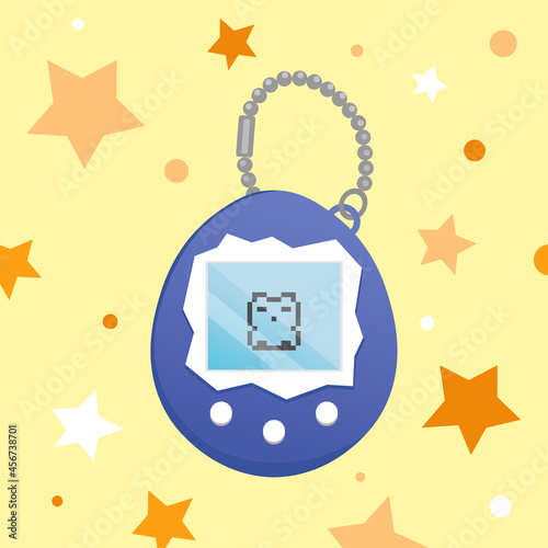 Digital pet blue toy illustration. Vintage japanese pocket pet game. Japanese classic blue tamago pet with screen display, chain, stars and buttons. Nostalgia stuff - pocket cat or fox toy vector.