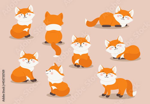 Cartoon Foxes set in different poses. Vector Forest fox animal sits, lies, turned back and smiles. Orange fox collection for baby or child clothes, fabric, textile and more. Autumn fox clipart design
