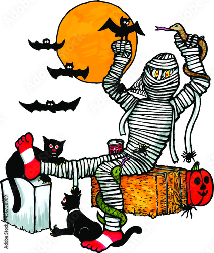 mummy relaxing on a hay bail | Halloween monster