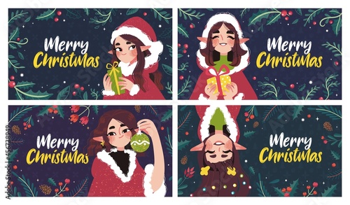 New Year And Christmas Greeting Card collection. Cute holiday characters and situations. Vector