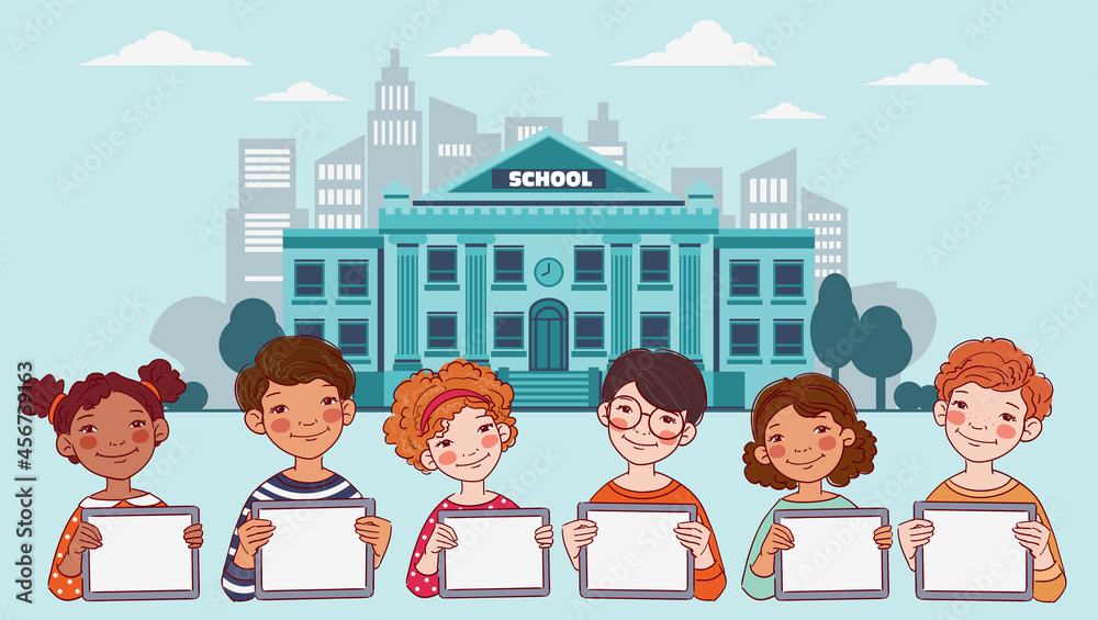 Happy boys and girls showing blank digital tablet screen. Cute kids using tablets. Back to school vector concept
Happy boys and girls showing blank digital tablet screen. Cute kids using tablets. Back to school vector concept