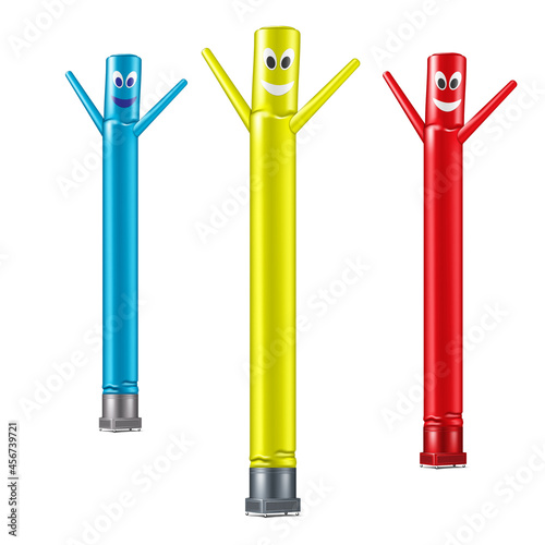 Inflatable dancing tube man isolated on white background, vector illustration. Smiling air dancer. Color set. Easy to recolor