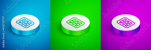 Isometric line Sound mixer controller icon isolated on blue, green and purple background. Dj equipment slider buttons. Mixing console. White circle button. Vector