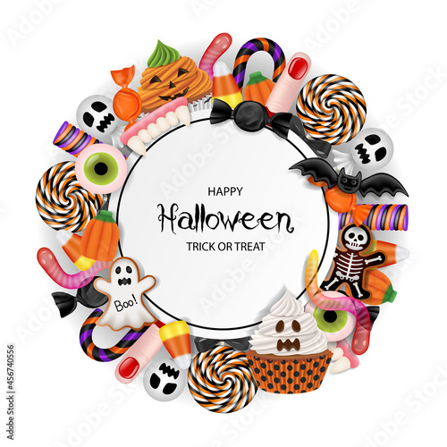 halloween background with candies, cupcakes and cookies