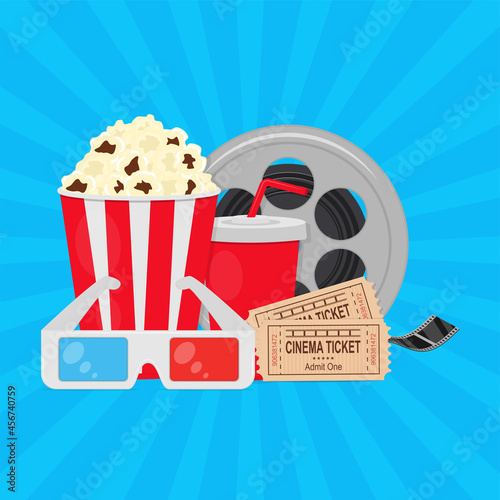 Attributes of the film industry. The concept of going to the cinema. Vector illustration