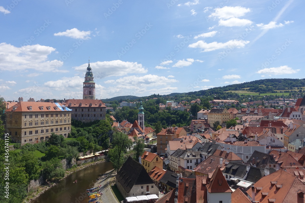 Town view with red roofs and vltava river during summer in Český Krumlov (Cesky Krumlov), a town in the South Bohemian Region, Czech Republic, a UNESCO World Heritage Site, Gothic, Renaissance, Baroq
