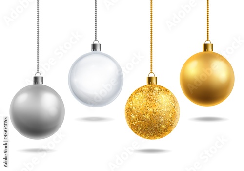 Christmas tree toys realistic. Transparent glass, silver and golden with glitter balls hang. Round xmas decor objects. Christmas decoration. Horizontal new year poster, vector 3d isolated set
