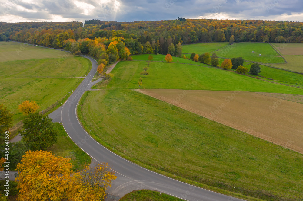 View from above of a road through a wooded area m Taunus / Germany 