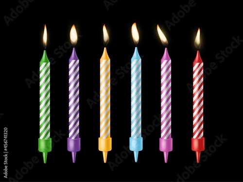 Holiday candles. Burning candle different colors with flickering fire, holiday candlelight, birthday cake decor, wax and paraffin in desert. Vector realistic 3d isolated set